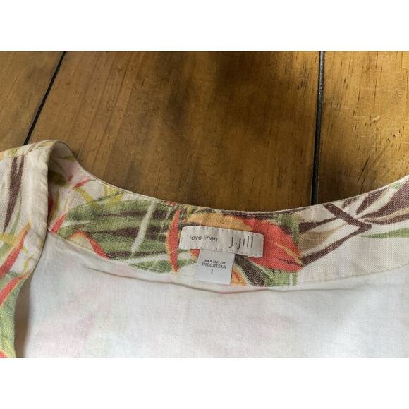 J. Jill Love Linen Cream Tropical Leaf Print Sleeveless Linen Dress Size Large - Picture 2 of 10